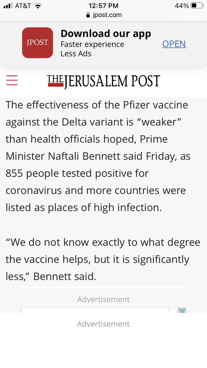 AlexBerenson's tweet photo. Israel: first to vaccinate, first to admit reality. Btw: it’s not clear that the Delta variant is the reason the vaccines are failing, it may simply be that the vaccines are failing NOW and Delta is the variant circulating now, but at least they’re not blaming the unvaccinated. https://t.co/0OEvTB0F8z