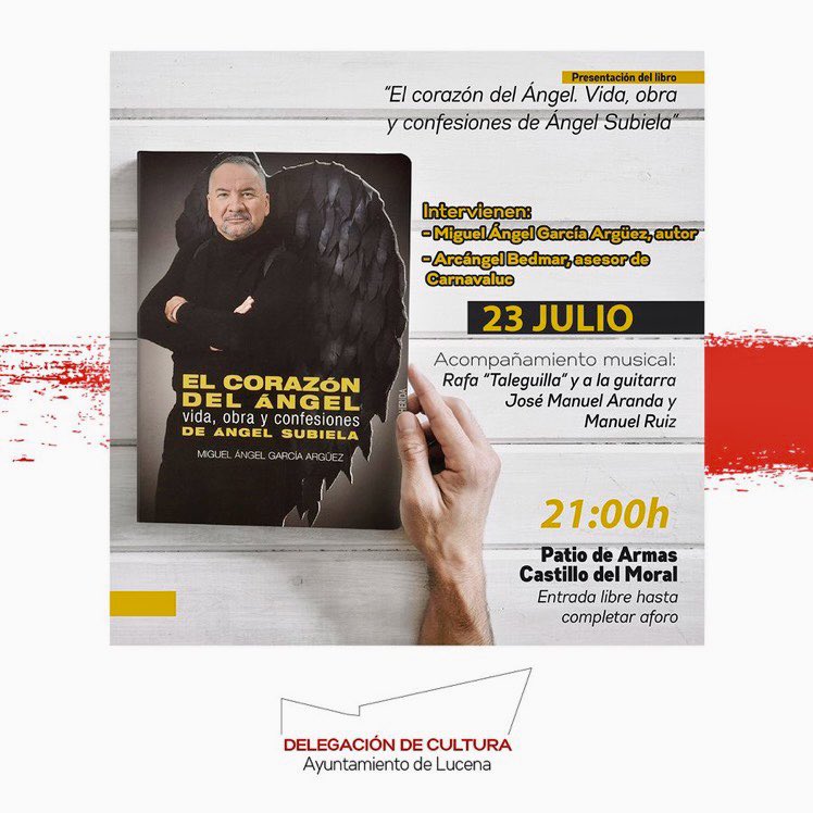 Es un honor colaborar como presentador en la 2ª jornada de Carnavaluc en el castillo de Lucena el viernes 23 julio. Contaremos con el escritor Miguel Ángel García Argüez, que presentará su libro “El corazón del Ángel”, y con la voz privilegiada de Rafa Taleguilla y sus guitarras.