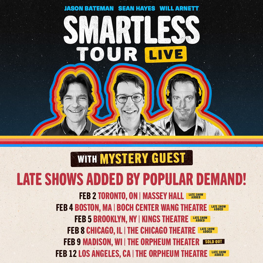 @smartless Tour Live is ON SALE now! Early shows are almost sold out, so late shows have been added! Tickets are going quickly, so hurry and click on link in bio to get yours now before they’re gone. Go to smartless.com/tour for more info. #SmartLessTourLive
