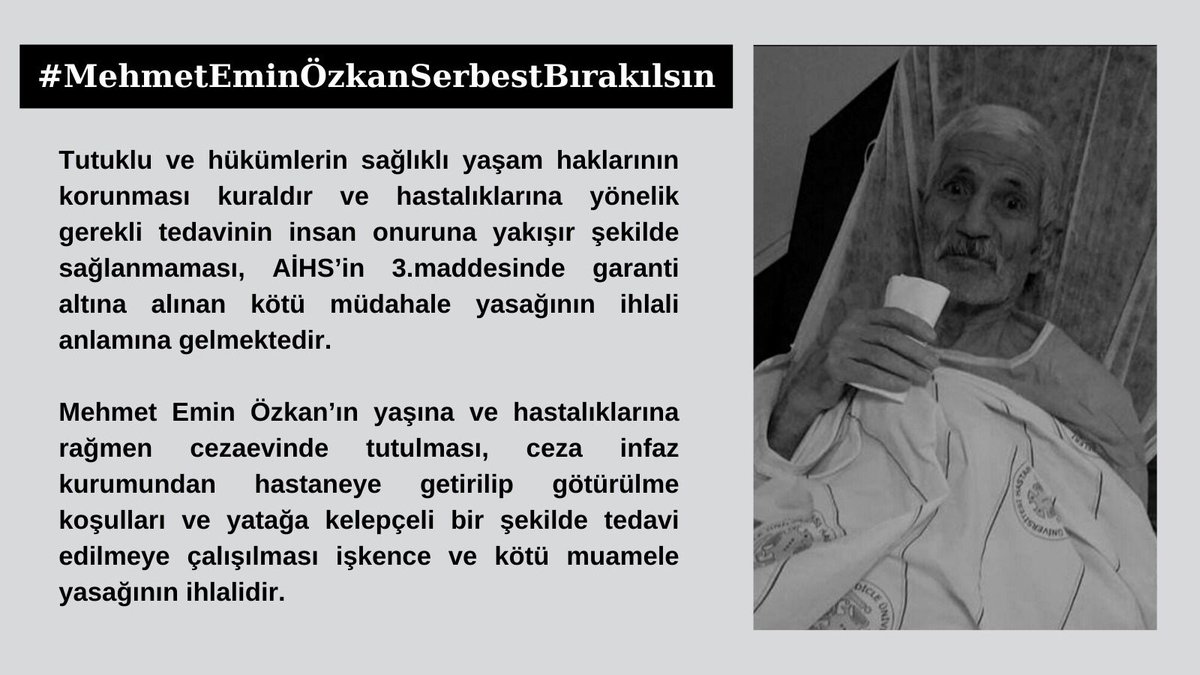 83 yaşına, hapiste tutulduğu 26 yıl içerisinde geçirdiği 5 kalp krizine ve diğer ağır hastalıklarına rağmen hapis tutulan Mehmet Emin Özkan’ın yaşam hakkı ve sağlık hakkı yok sayılarak, cezaevinde adeta ölüme terk ediliyor!

#MehmetEminÖzkanSerbestBırakılsın