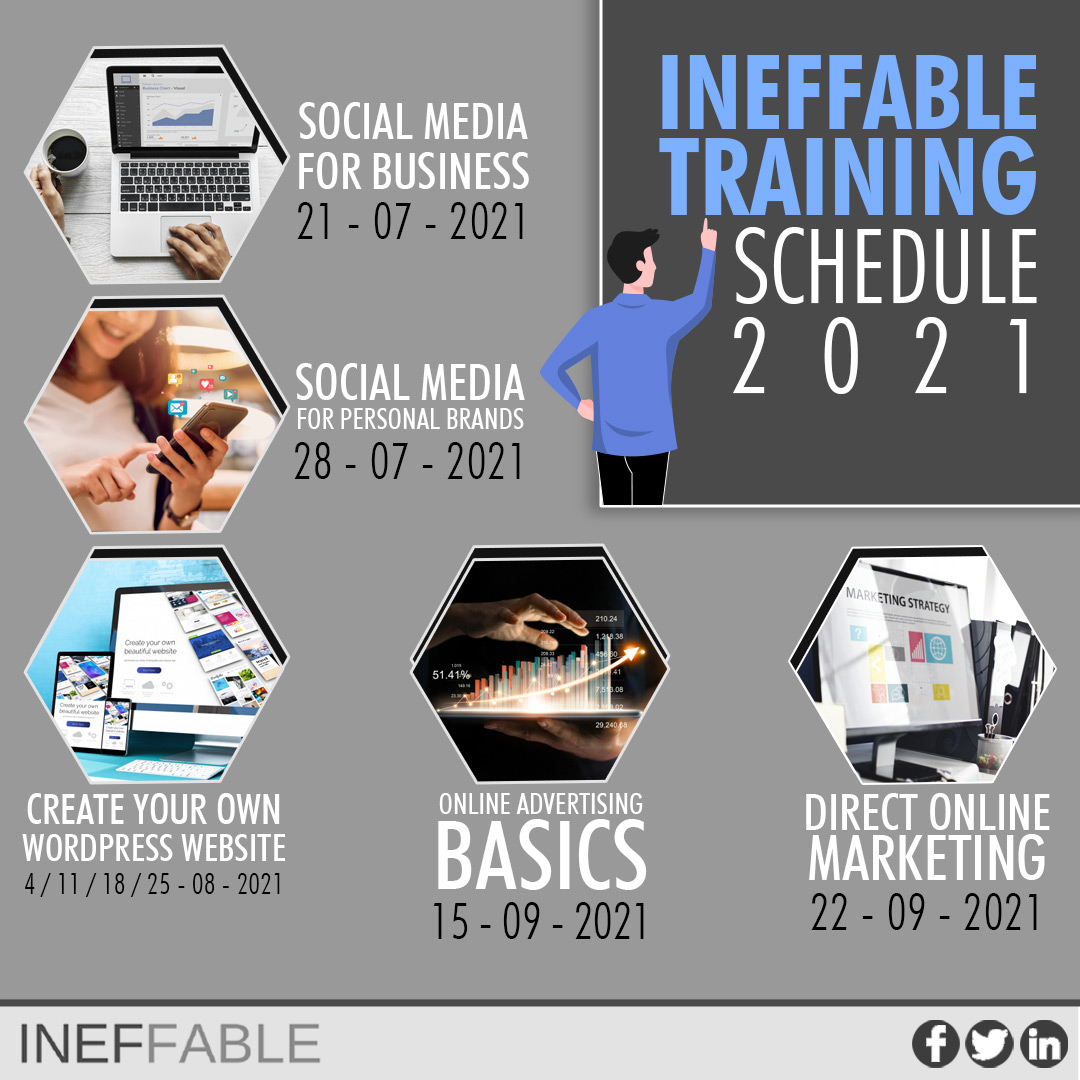 IneffableNv's tweet photo. Coming soon!
Ineffable Trainingen 2021.🤩

In de periode 21 juli - 22 september organiseren we een vijftal trainingen. Bekijk de training schedule.👇
#Ineffable #SocialMedia #Business #PersonalBranding #WordPress #OnlineMarketing #OnlineAdvertising #Goals #Suriname https://t.co/kH9ssN7DDj