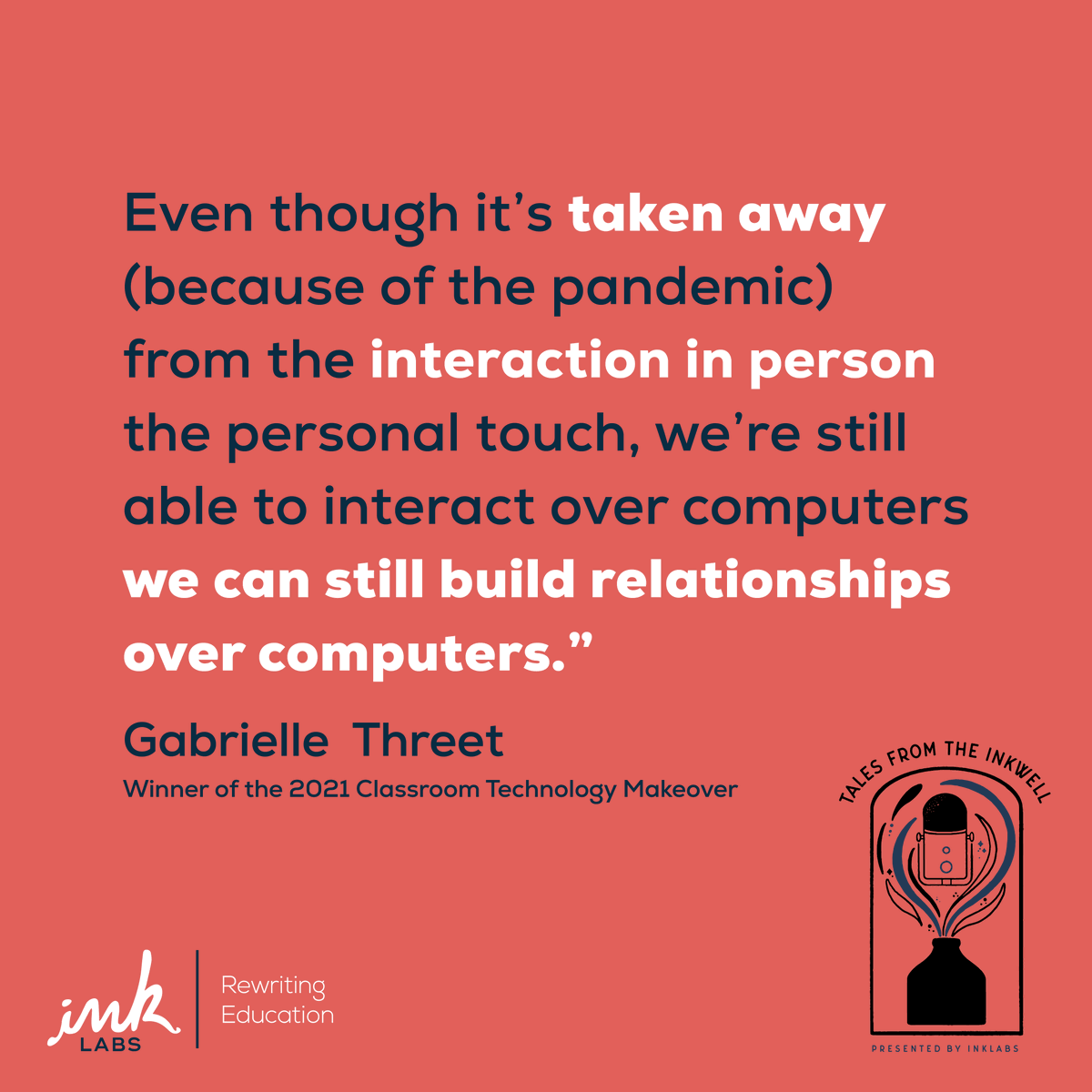 inklabsedu's tweet photo. Teachers like Gabrielle Threet foster relationships in whichever way works for their students. Sometimes the best way is using technology! Listen to the full podcast at https://t.co/1DBpWKlvNE https://t.co/k9W07N5V2l