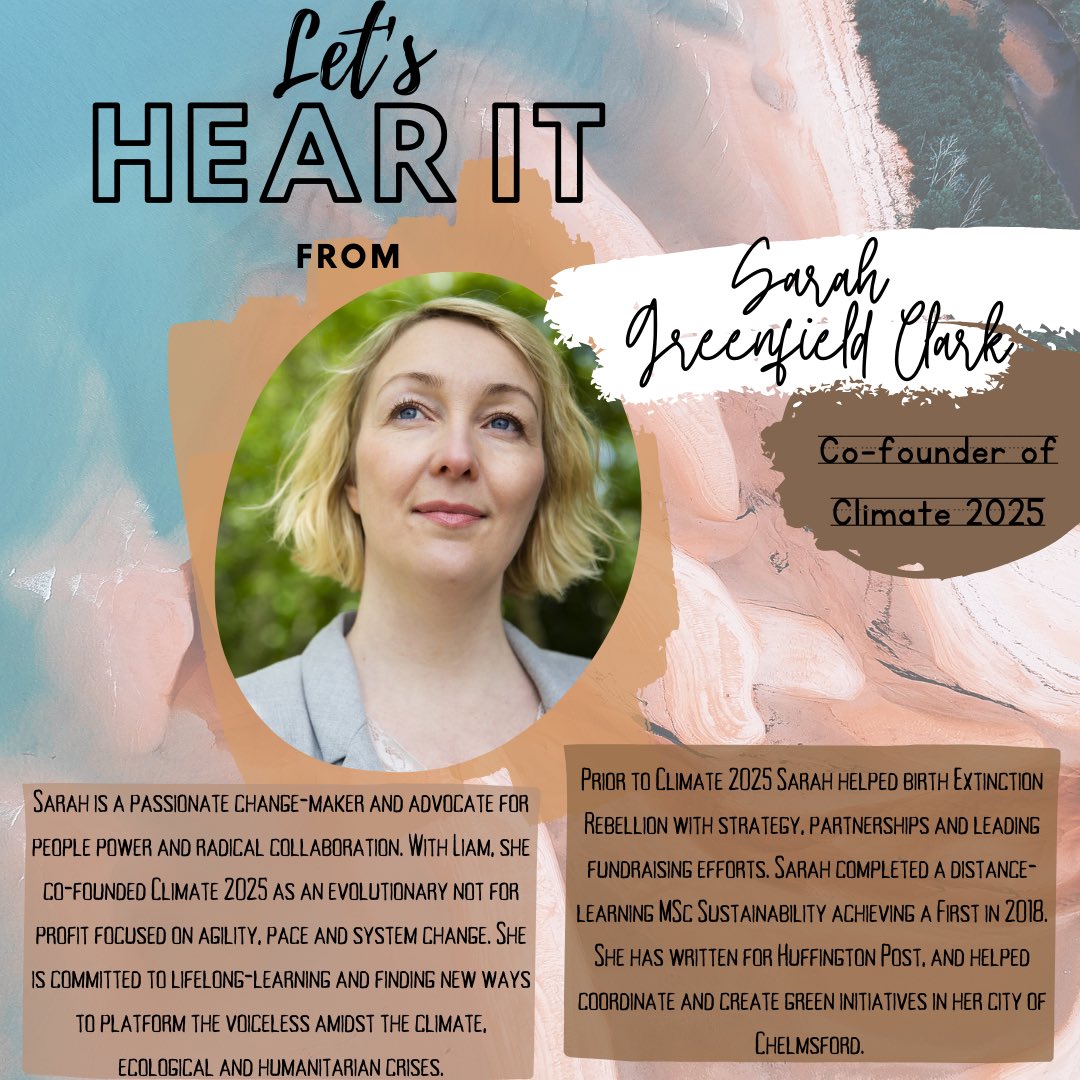 Today let’s introduce you to one of our speaker Sarah Greenfield Clark, co-founder of <a href="/climate2025/">Climate2025</a> 
Sarah is an advocate to give a voice and a platform to those amidst the climate and ecological crisis
Don’t forget to register to the event ( link in bio)