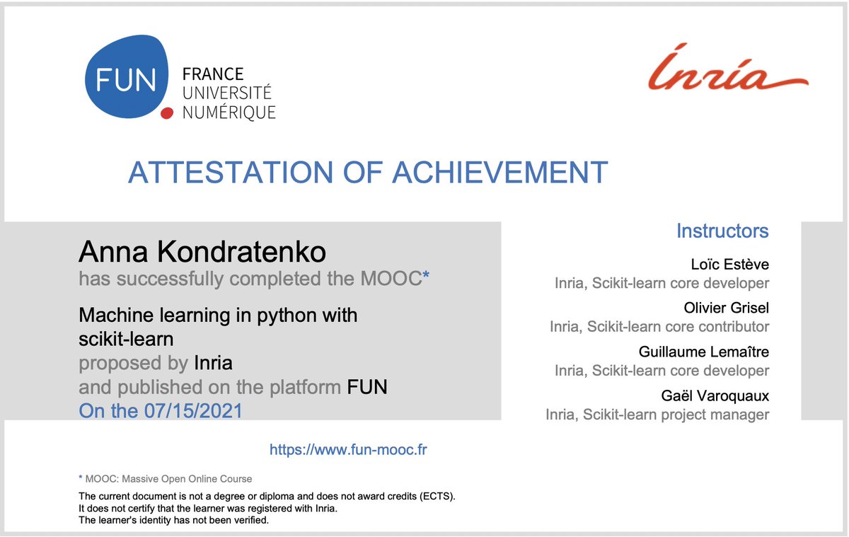 anacoding's tweet image. Just arrived my scikit-learn certificate @sklearn_inria! 🚀
 I would like to thank the great team that prepared the course, I enjoyed every minute of it 👏👏👏

#ScikitLearnMooc #MachineLearning #python