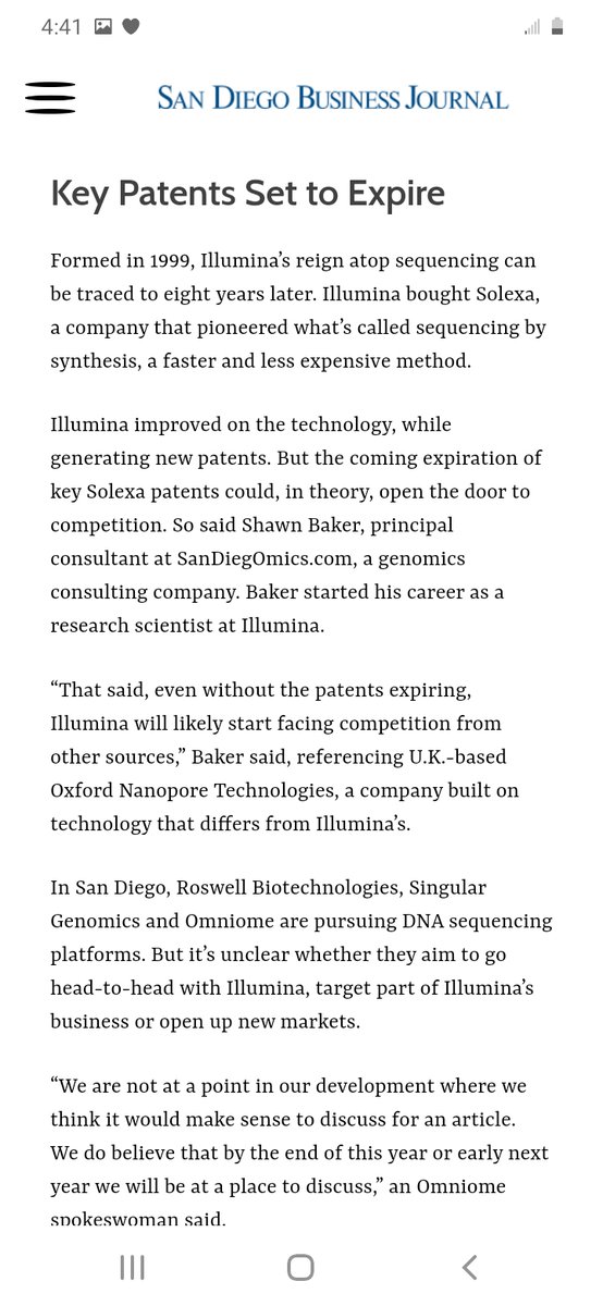 $ILMN 😬 Patents are expiring. This is from 2019. 🍀Luckily their headquarters are 2 miles from $BNGO , Bionano chairman comes Illumina, Illumina (and Quest $DGX ) are in our accounts receivable, and we are working well together in CLIA labs. 😎 🤝😎 sdbj.com/news/2019/may/…