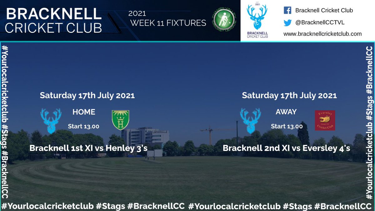 BracknellCCTVL's tweet photo. Week 11 

1st XI host league leaders @CricketHenley 3s
2nd XI travel to @eccboars 4’s

Good luck lads! 

#yourlocalcricketclub #stags #bracknellcc https://t.co/6z7wX3ziXt