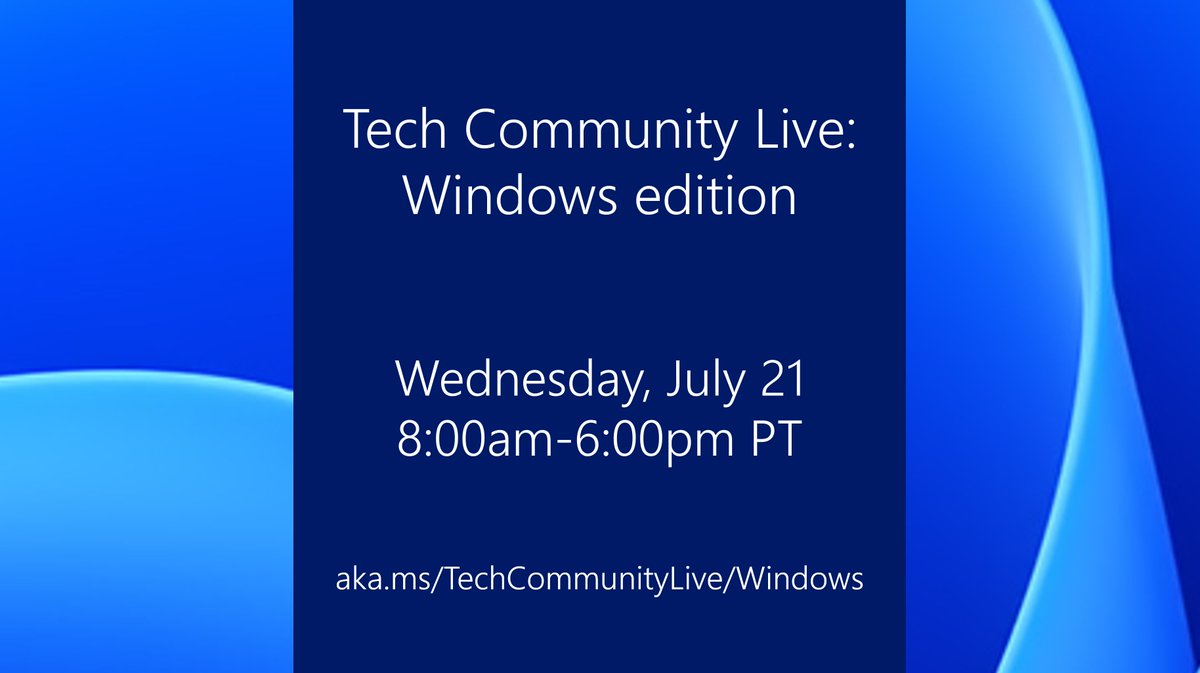 Tech. Community. Live! #Windows edition! 

The schedule is live with 19 (!) Q&amp;A sessions with our engineers and product experts. Get your questions answered. Learn tips and tricks. 

RSVP, curate your calendar, post questions early: aka.ms/TechCommunityL…

#Windows11 #Windows10