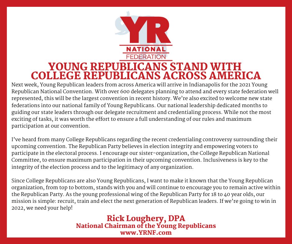 Chairman <a href="/rick_loughery/">Rick Loughery</a> addresses the recent controversy surrounding the upcoming College Republican National Convention. 

#yrsrun #yrswin #Yrnf #Leadright #yrncindy #crnc #collegerepublicans #gop #Republican #youngrepublicans #youngrepublican