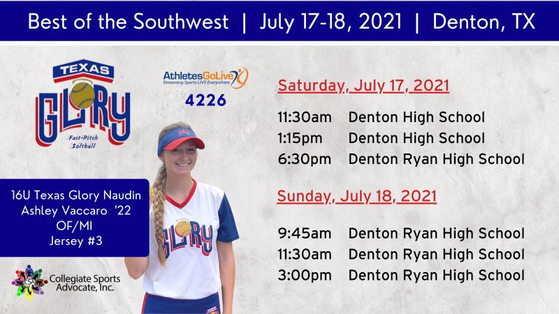 AshleyVaccaroo's tweet photo. Schedule update for the Best of Southwest tournament! AGL- 4226    @ednaudin  @16uGloryNaudin @cwcox @CSA_Athletes @AthletesGoLive #uncommitted #NCAAsoftball https://t.co/a5gEiZOd4K