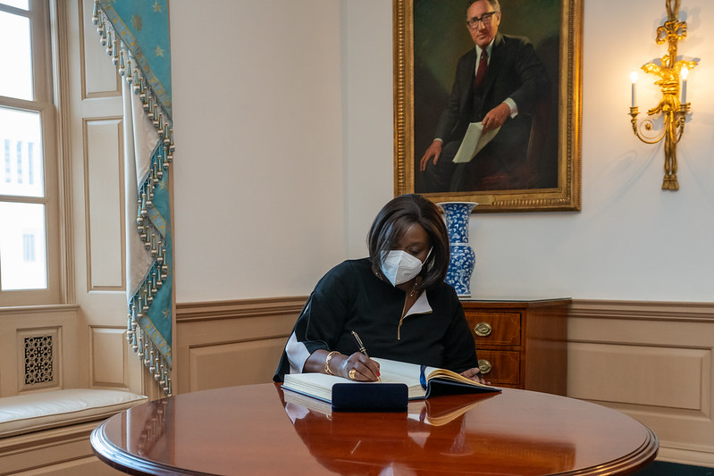 SecBlinken's tweet photo. Met with Kenyan Cabinet Secretary for Foreign Affairs Raychelle Omamo to reaffirm the importance of the U.S.-Kenya strategic partnership, which is critical to addressing our shared priorities such as the fight against COVID-19 and the ongoing crises in Ethiopia and South Sudan. https://t.co/pCG9lQeLeA