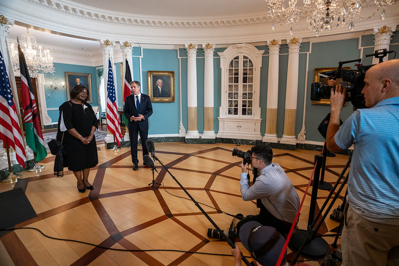 SecBlinken's tweet photo. Met with Kenyan Cabinet Secretary for Foreign Affairs Raychelle Omamo to reaffirm the importance of the U.S.-Kenya strategic partnership, which is critical to addressing our shared priorities such as the fight against COVID-19 and the ongoing crises in Ethiopia and South Sudan. https://t.co/pCG9lQeLeA