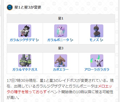 ポケモンgo攻略 Gamewith 現在 星1と星3のレイドボスに変更されています 伝説レイドとメガレイドは変更無し イベント開始前のため出現しているガラルジグザグマとガラルポニータはメロエッタの帽子を被っていません 挑戦する際は注意しましょう ポケモンgo攻略 Gamewith 現在 星1と星3のレイドボスに変更されています 伝説レイドとメガレイドは変更無し イベント開始前のため出現しているガラルジグザグマとガラルポニータはメロエッタの帽子を被っていません 挑戦する際は注意しましょう