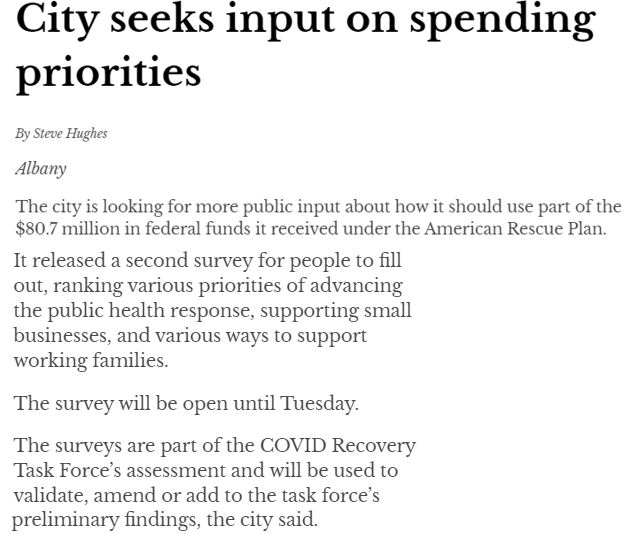 An opportunity for #Albany residents to be heard on everything from greenspace to paving projects. An $80 million pie can be sliced so many ways. What is your priority investment?