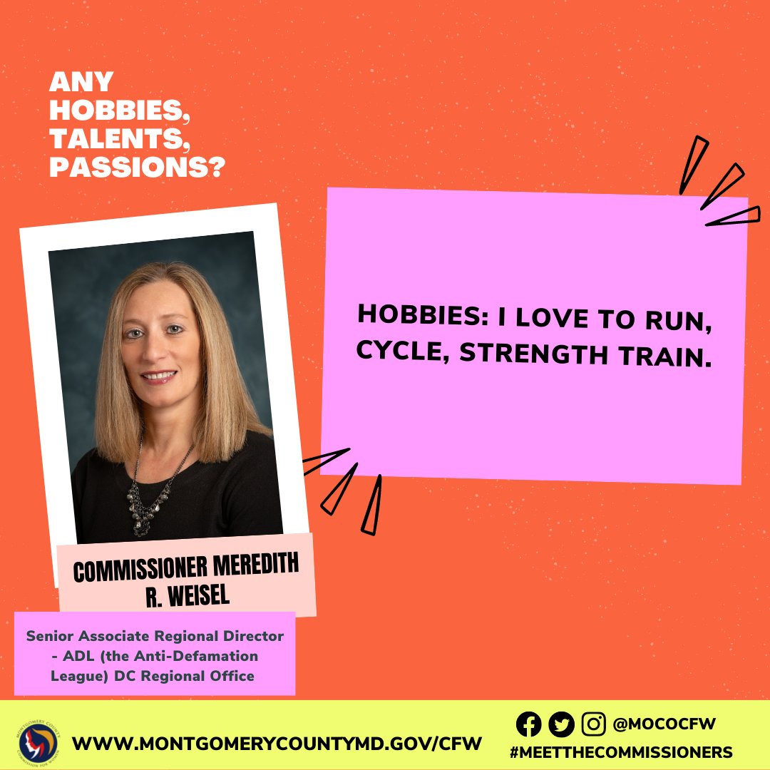 MoCoWomen's tweet photo. Get to know us! Over the next few days, we get the scoop from our commissioners who share with us how they best serve Montgomery County and what keeps them going. Today we spotlight Commissioner Meredith R. Weisel. Tune in daily to learn more! #mococfw #MeetTheCommissioners https://t.co/nWd5HUUIFE