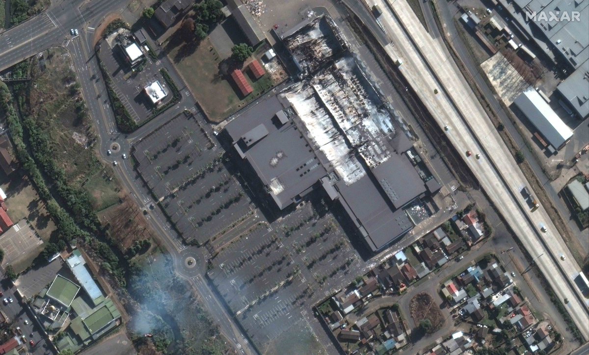 vantortech's tweet photo. New satellite imagery captured today, July 16, shows the scale of recent violence &amp; looting in the South African city of Pietermaritzburg. Dozens of food stores have been looted while long lines of people can be seen waiting to get food outside the few open supermarkets. https://t.co/HDf8RCLEb3