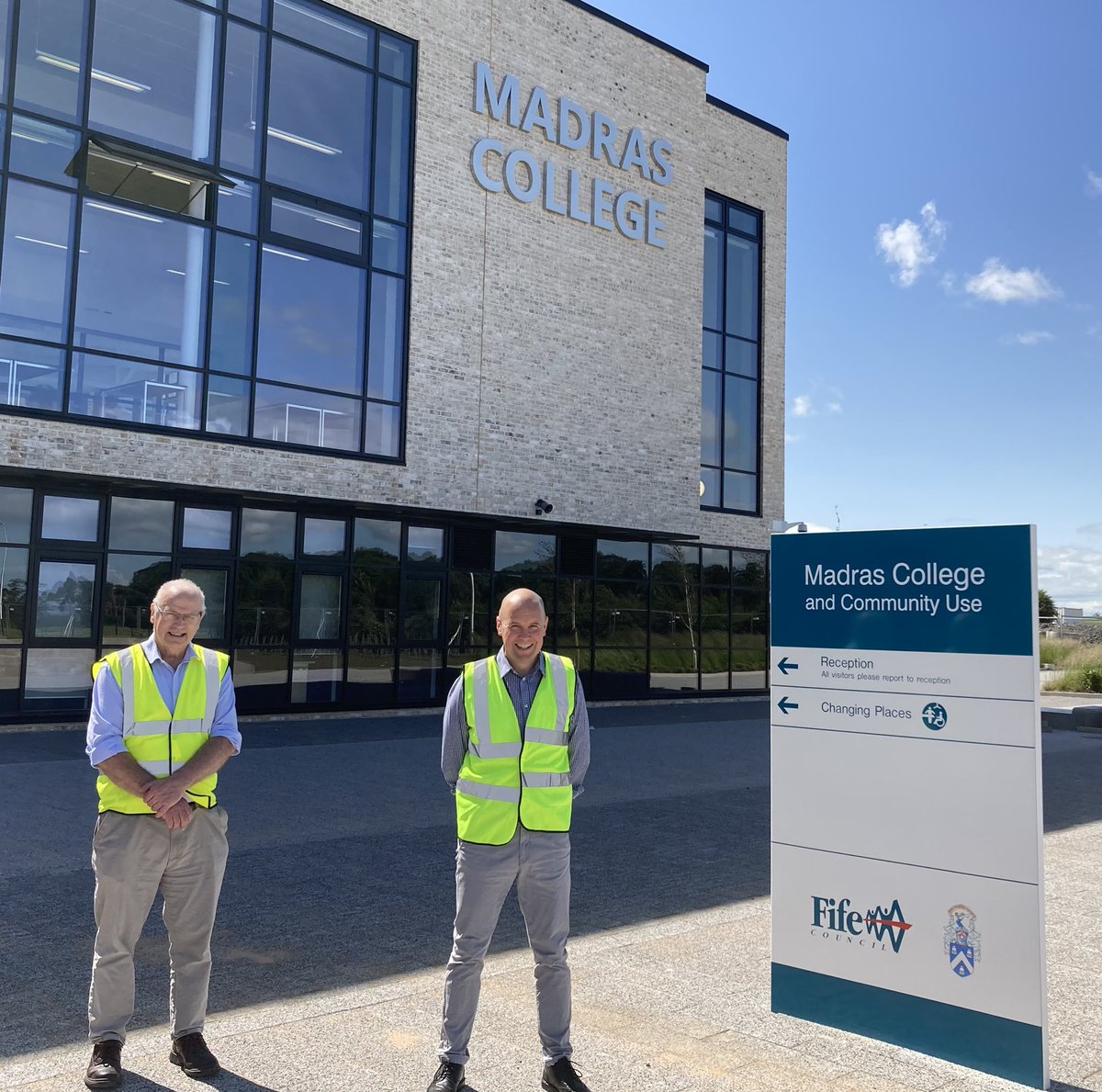 Brian_R_Thomson's tweet photo. Good to visit new @Madrascollege with Cllr David Ross Co-Leader of Fife Council who with former cllr Bryan Poole was instrumental in ensuring @FifeCouncil remained committed to a new-build replacement Madras College and securing a land deal with @univofstandrews. @DavidR_Fife https://t.co/9G5P0fIaBr