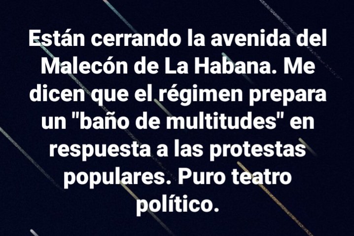 yoanisanchez's tweet photo. Están cerrando la avenida del Malecón de La Habana. Me dicen que el régimen prepara un "baño de multitudes" en respuesta a las protestas populares. Puro teatro político. #SOSCuba #11JCuba https://t.co/JmDfKyH8lF