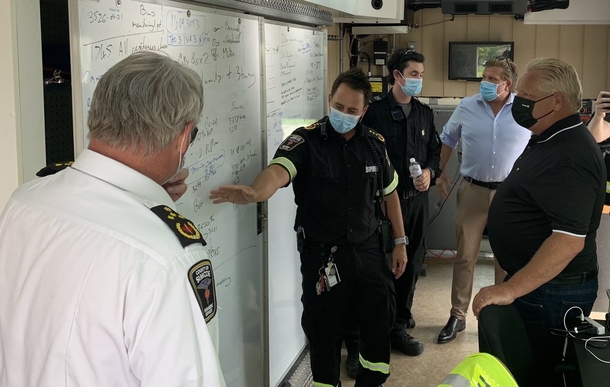 Premier Ford being briefed on Paramedic operations in our mobile command unit at the scene of the #Barrie #Tornado. CSPS has a mobile command unit that responds to large scale emergencies to provide command and control functions during an event.