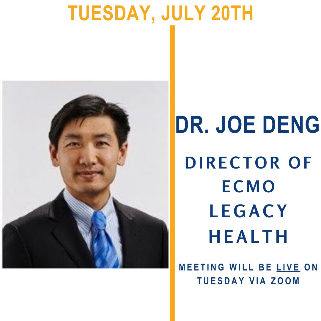 Join us Tuesday, July 20th to hear from Dr. Joe Deng, on how ECMO therapy has been used to treat COVID patients right here in Portland.

Learn more: ow.ly/gWff50AgMw8

#RotaryPDX #ECMO