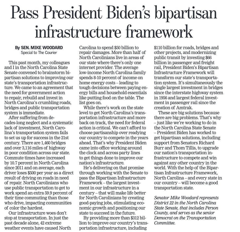 Today is #RuralTransitDay! 🛣️🚏🛤️🚗 We're grateful to the folks who staff &amp; ride NC's rural transportation. In order to strengthen it, we need to pass <a href="/POTUS/">President Donald J. Trump</a>' Bipartisan Infrastructure Framework. Read Sen. <a href="/MikeWoodard/">Mike Woodard</a>'s op-ed in the <a href="/roxborocourier/">The Courier-Times</a> to find out why⬇️