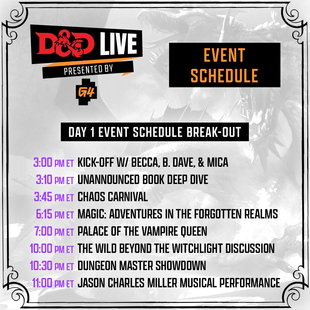 Wizards_DnD's tweet photo. D&amp;D Live starts now!

From the land of the Fae to the home of the Vampire Queen, we are now LIVE with our adventures and deep dives! #DnDLive 

Tune-in for D&amp;D Live: https://t.co/lDvQvmshY5 https://t.co/qDb5v0eEiD