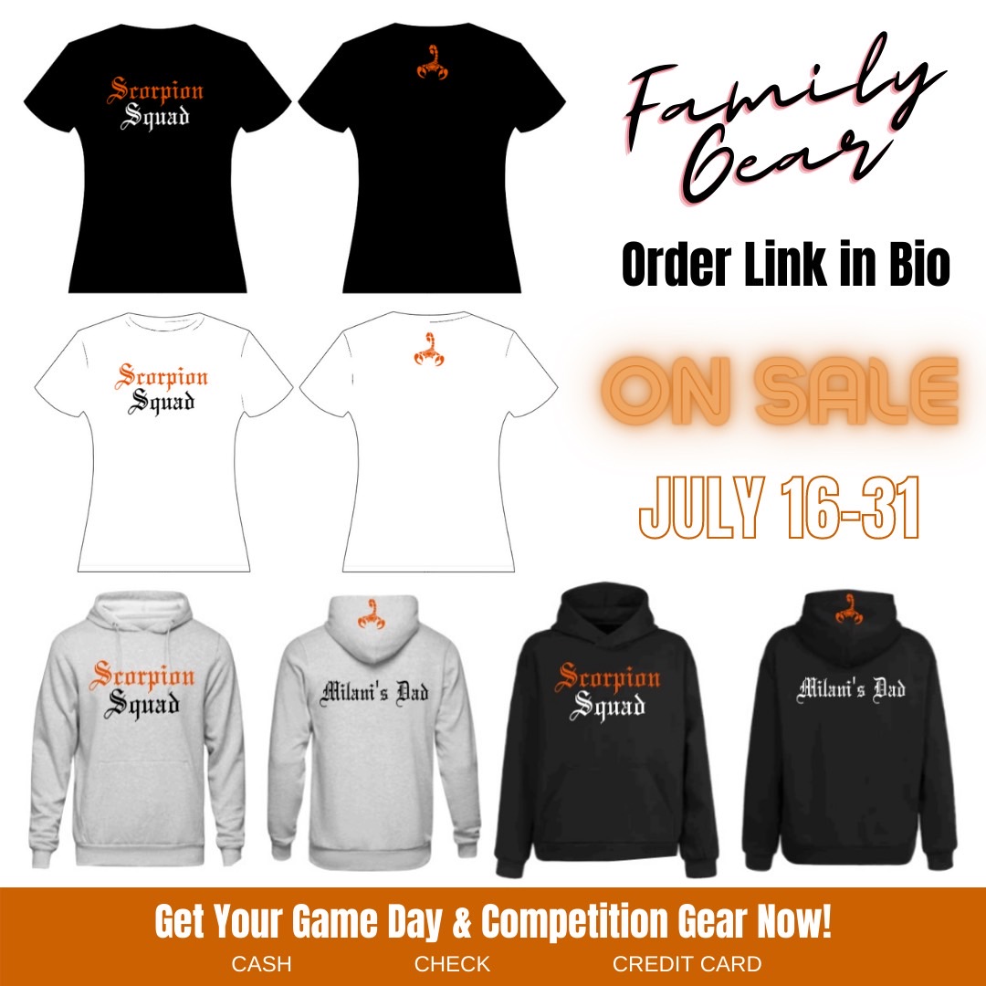 Family Gear on sale now through July 31st, so get it while it’s HOT!

 *Please note our competition design has not been created yet as we are awaiting word on our competition theme. However, the shirt and design will be unisex. 

Please find the link in bio to place your order!