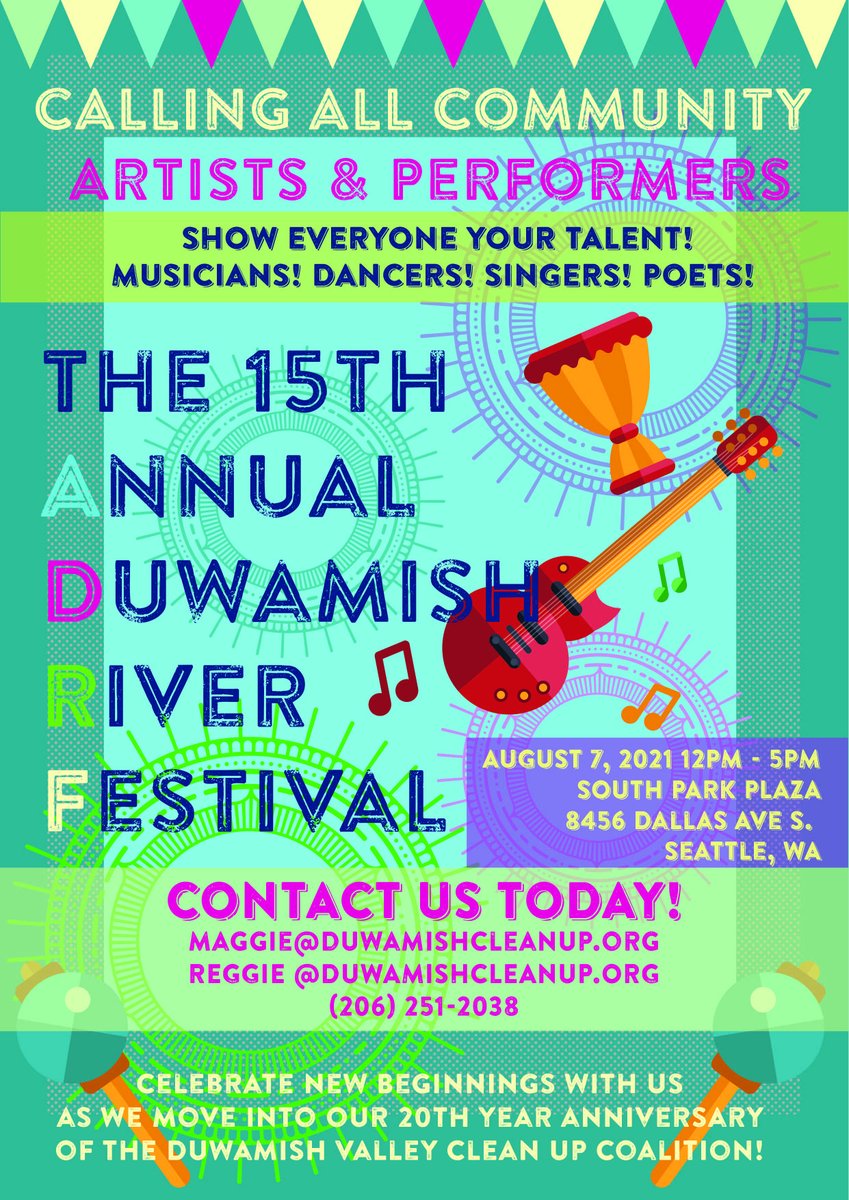 Duwamish River Community Coalition (@drcc_org) on Twitter photo Show everyone your talent! Music! Dance! Poets!
Celebrate new beginnings with us as we move into our 20th year anniversary of the Duwamish River Cleanup Coalition.
When: August 7th 12 pm-5pm
Where: South Park Plaza
How: Contact reggie@duwamishcleanup.org Show everyone your talent! Music! Dance! Poets!
Celebrate new beginnings with us as we move into our 20th year anniversary of the Duwamish River Cleanup Coalition.
When: August 7th 12 pm-5pm
Where: South Park Plaza
How: Contact reggie@duwamishcleanup.org