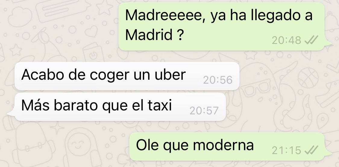 Y yo pensando que mi sexagenaria madre no llegaría de Cádiz a Madrid.<a href="/Uber_ES/">Uber España</a>
