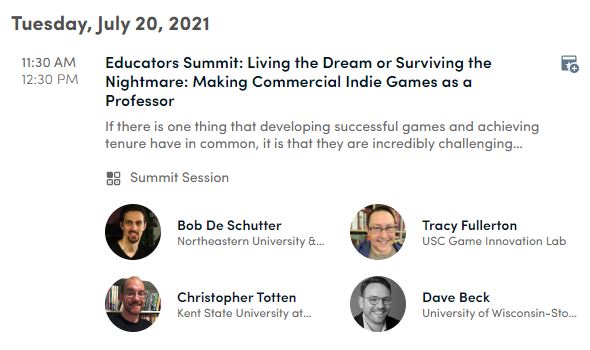 Bob De Schutter (@bobdeschutter) on Twitter photo Tuesday 7/20 <a href="/kinojabber/">Tracy Fullerton</a> <a href="/christotten/">Chris Totten</a> <a href="/paverson/">Paverson Games</a> and me will talk at <a href="/OfficialGDC/">GDC Official</a> about simultaneously being a professor and an indie game developer. #GDC2021 Tuesday 7/20 <a href="/kinojabber/">Tracy Fullerton</a> <a href="/christotten/">Chris Totten</a> <a href="/paverson/">Paverson Games</a> and me will talk at <a href="/OfficialGDC/">GDC Official</a> about simultaneously being a professor and an indie game developer. #GDC2021