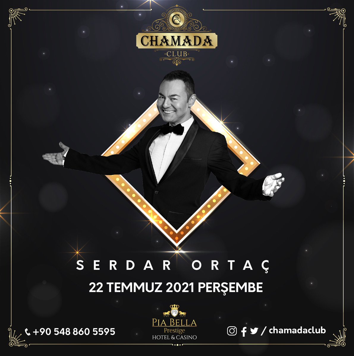 Eğlenceli hitleri ve romantik klasikleriyle Türk Pop Müziği’ne damga vuran Serdar Ortaç,
muhteşem sahne performansı ile 22 Temmuz 2021 tarihinde Chamada Club sahnesinde sizlerle buluşacak.
Rezervasyonlarınız için:
 +90 548 860 5595 #chamada #chamadaclub #chamadalivestage