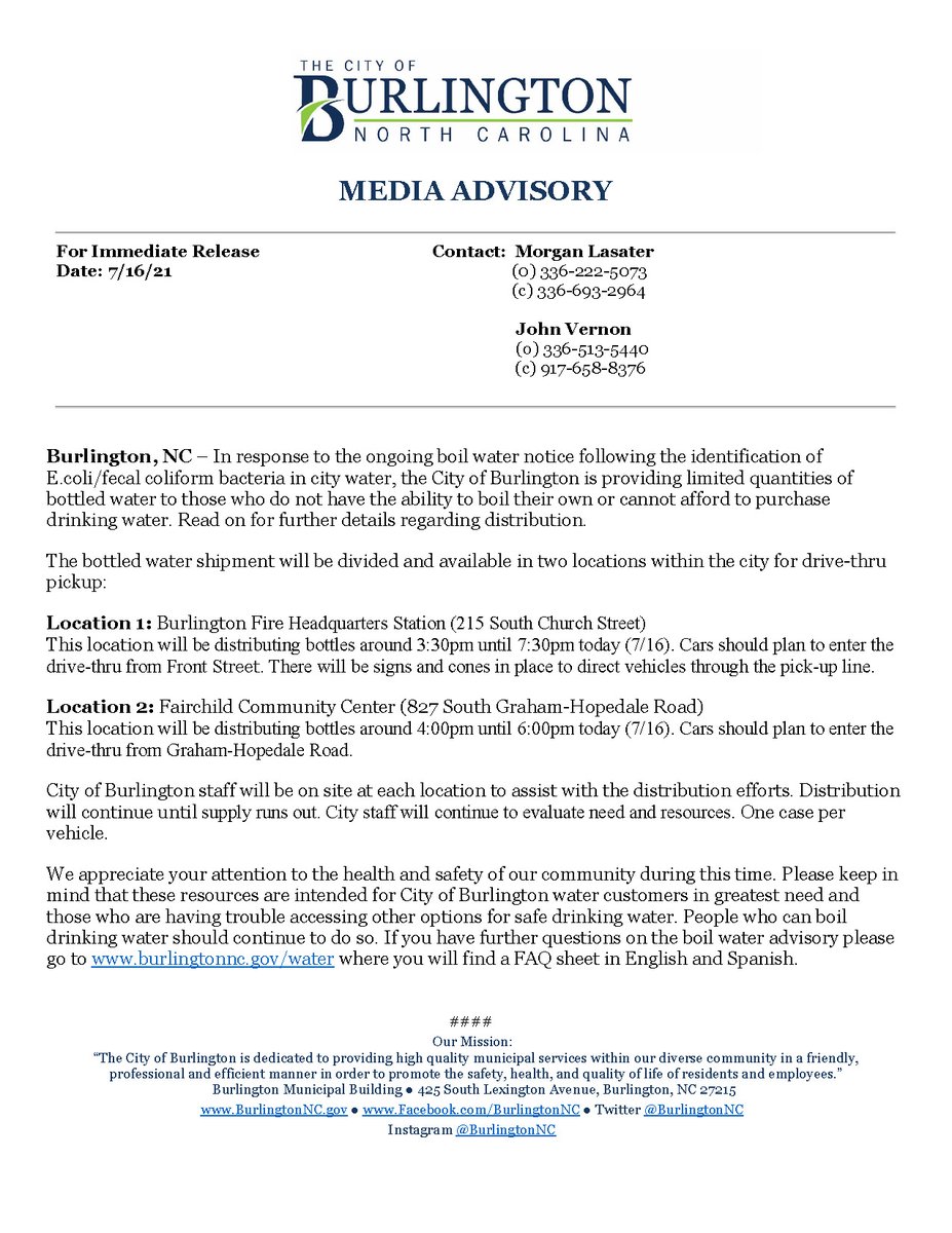 **Bottled Water Distribution** - For those who can't boil and those in need. Going on now at Fire Dept Headquarters (215 S. Church St.) and Fairchild Community Center (827 S. Graham-Hopedale Rd).