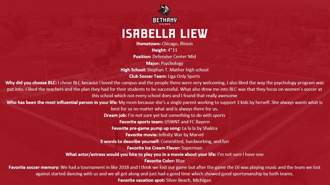 BLCWSoccer's tweet photo. Please give a warm welcome to Izzy from Chicago, IL🇺🇸! She’ll be studying Psychology at BLC. “the campus and the people there were very welcoming. I liked the teachers and the plan they had for their students to be successful”! #26! ⚽️🔴⚪️⚫️#GoBLC https://t.co/o3p9gGfvQc