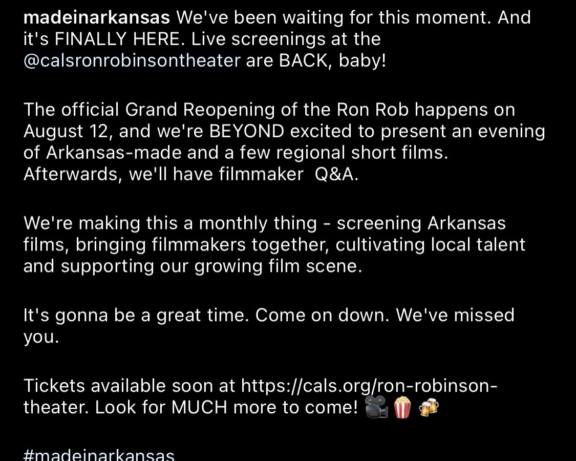 MadeinArk's tweet photo. We've been waiting for this moment. And it's FINALLY HERE. Live screenings at the CALS Ron Robinson Theater are BACK, baby! 
#madeinarkansas #calsronrobinson #filmscreening https://t.co/Lahfi7XgwF