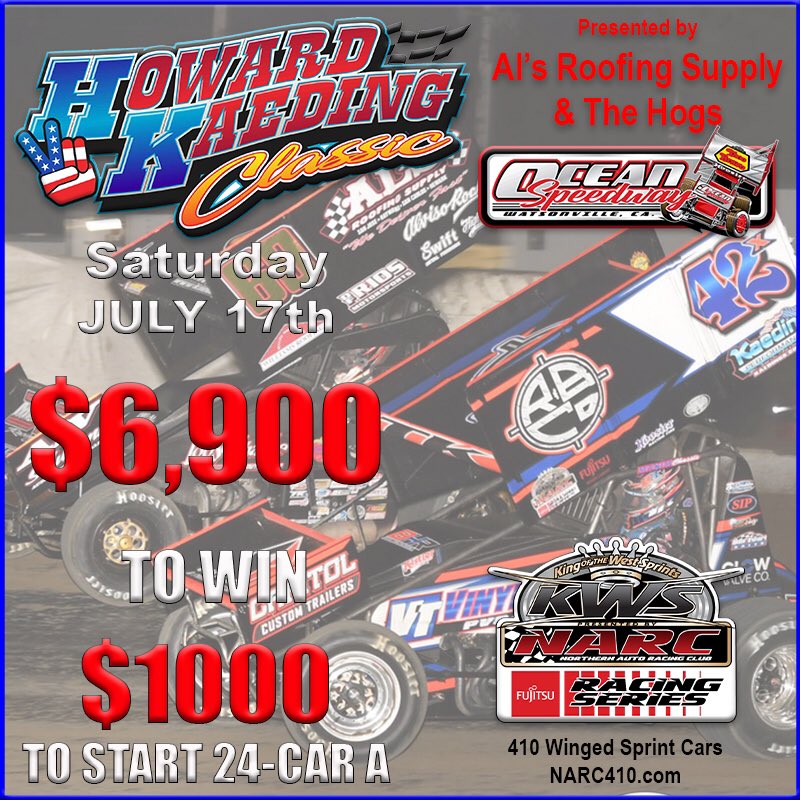 NARC410 (@narc410) on Twitter photo The Howard Kaeding Classic support continues to pour in.
Tomorrow’s NARC-KWS Fujitsu Feature is now set to pay $6,900 to win courtesy of Roger & Lori Hamilton and others. 
This weekend just keeps getting better!
If you can’t make it to Watsonville, tune in on <a href="/FloRacing/">FloRacing</a>! The Howard Kaeding Classic support continues to pour in.
Tomorrow’s NARC-KWS Fujitsu Feature is now set to pay $6,900 to win courtesy of Roger & Lori Hamilton and others. 
This weekend just keeps getting better!
If you can’t make it to Watsonville, tune in on <a href="/FloRacing/">FloRacing</a>!
