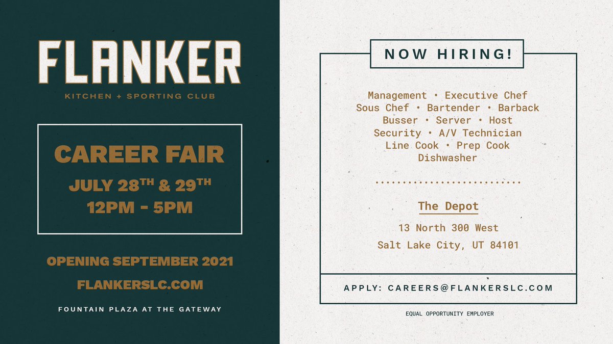 flankerslc's tweet photo. ๐จCAREER OPPURTUNITY๐จ
ย
Weโre hiring for all positions! On July 28th & July 29th for a Hiring Event at @depotslc at Foundation Plaza in the @atthegatewayslc.
Please apply at:
https://t.co/SJJtccr0H9
All positions are listed, and come ready to interview!
#FunDoneRight https://t.co/8o7eriAq13