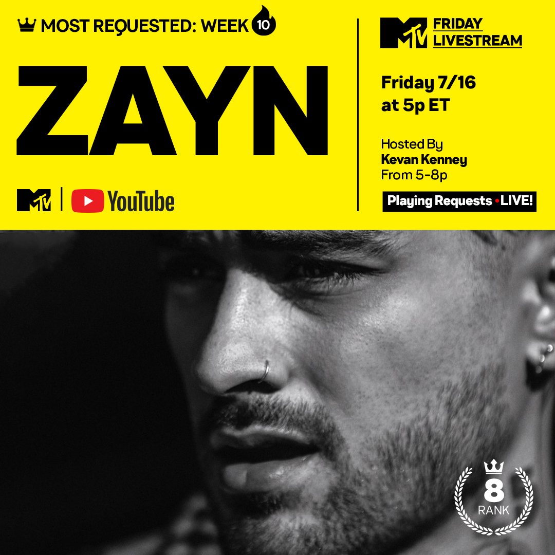 KevanKenney's tweet photo. .@zaynmalik is currently the No. 8 most requested artist on the @MTV #FridayLivestream. See you at 5pm!

Tune in: https://t.co/T10PcRDxQ4 https://t.co/HgcvrUyQ26