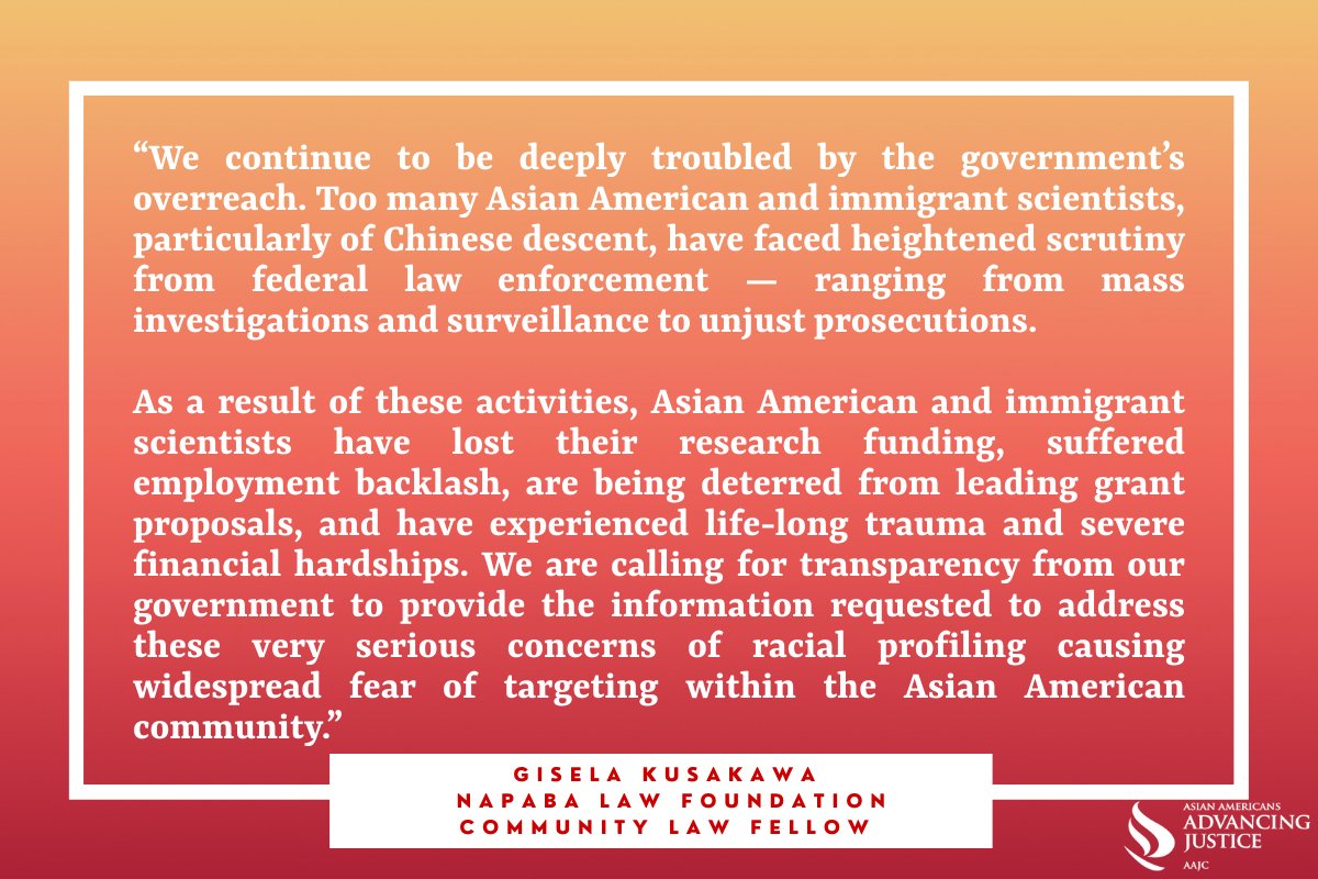 AAAJ_AAJC's tweet photo. With the @ACLU, we appealed the FBI’s decision to close our FOIA request for records related to the “China Initiative," which has had devastating consequences for many Asian American and immigrant scientists.
Read more ➡️https://t.co/5UNsWfTxcH #StopProfilingUs https://t.co/08aE33jfeZ