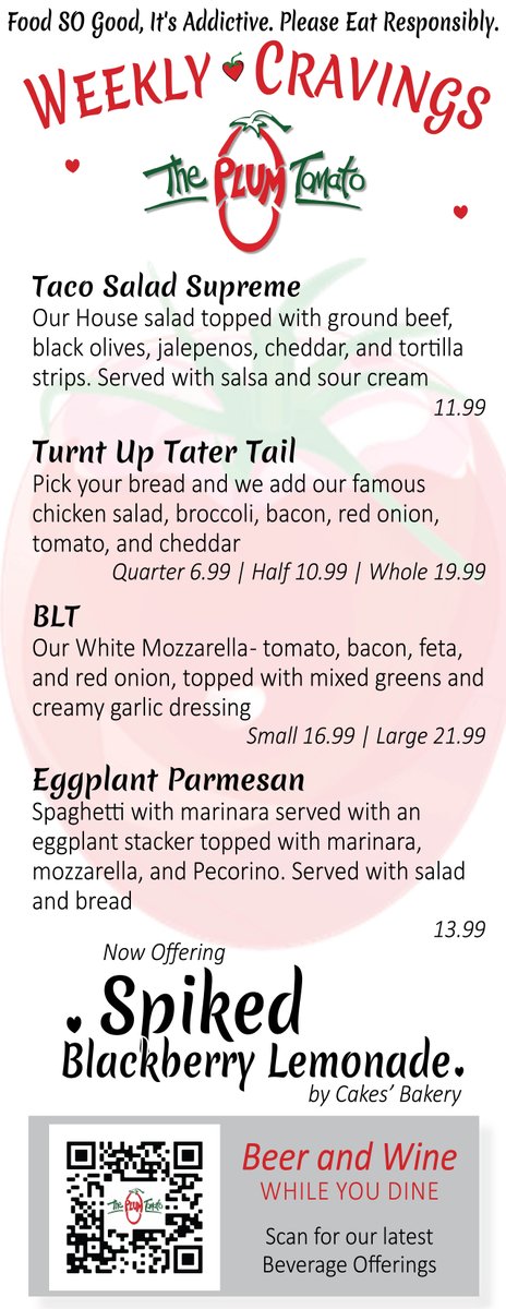 Today it's too HOT to COOK - so we'll do the cooking for you! Great specials, a new Spiked Beverage from Cakes' Bakery, and another new surprise! You'll have to #dinein or #gettogo to find out 😎
.
.
.
#theplumtomato #itsaddictive #foodislove #getinmybelly #colchsterct #salemct