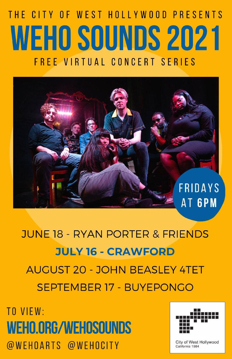 Today at 6PM, the City of West Hollywood's FREE Virtual Concert Series, WeHo Sounds continues with @crawfordmusicofficial! We hope to see you there (virtually!) Read more in our newsletter: conta.cc/3x48k6d