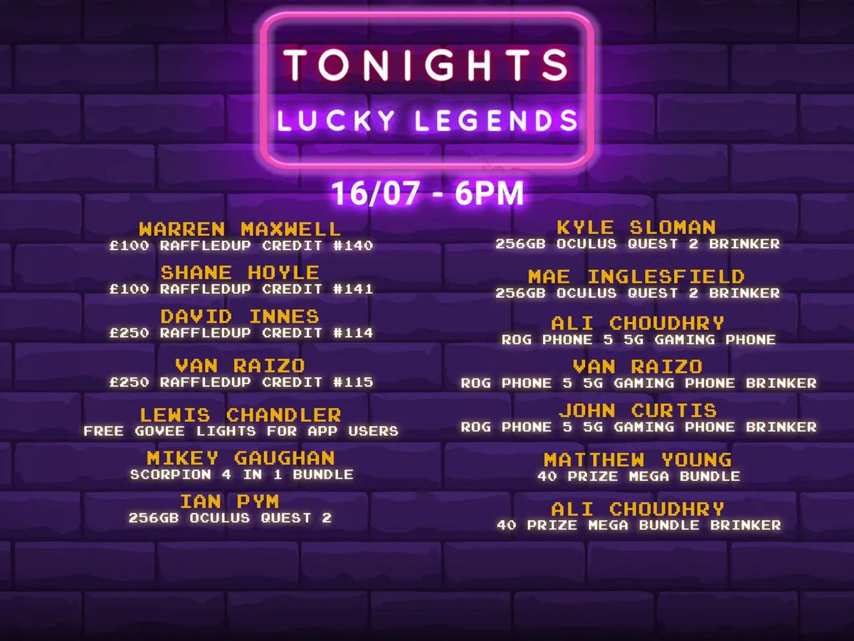raffledup's tweet image. Congrats to all of tonights winners!🎉🥳

Coming out of the back end of the live draw with another 9 Lucky Legends and 5 brinker winners!😆

Thank you to everyone that entered!