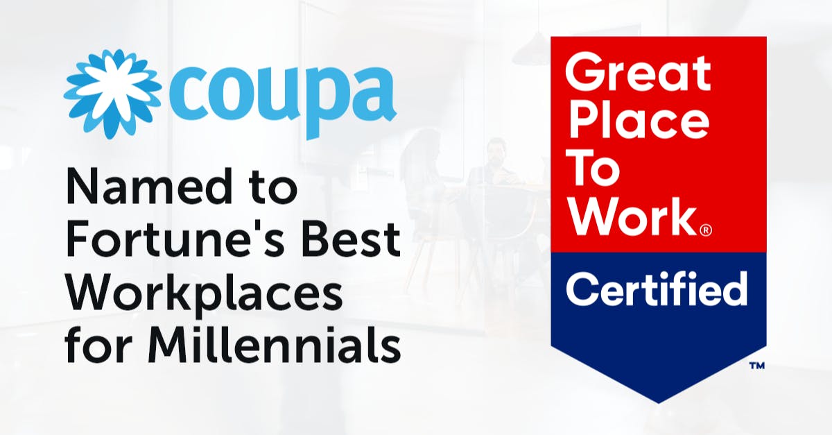 s_macg's tweet photo. It's an exciting time to be a Coupanion! We've experienced so much momentum and are continuing to grow at a rapid pace. And today, we were named to @FortuneMagazine's Best Workplaces for Millennials by @GPTW_US! #BestWorkplaces #CoupaProud @coupa https://t.co/S9qkm04P11 https://t.co/No8Xmmk0l2