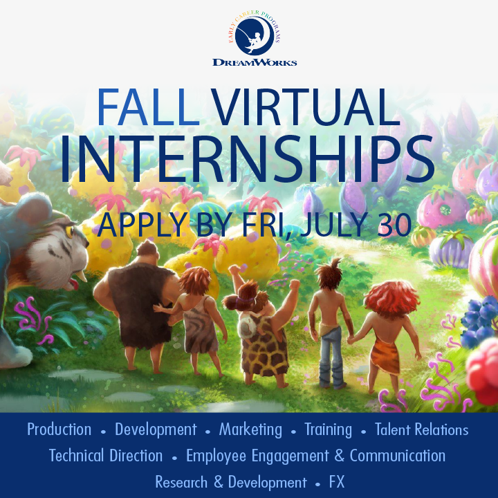 dreamworksjobs's tweet photo. Our Fall 2021 Internship Virtual Applications are now OPEN & will close on 7/30 at 11:59pm PT! Apply today at https://t.co/f5od4I8Io5 !
#DreamworksEarlyCareers #Internships #Animation #AnimationInterns #Students #ApplyNow https://t.co/rCs2w6IeRq
