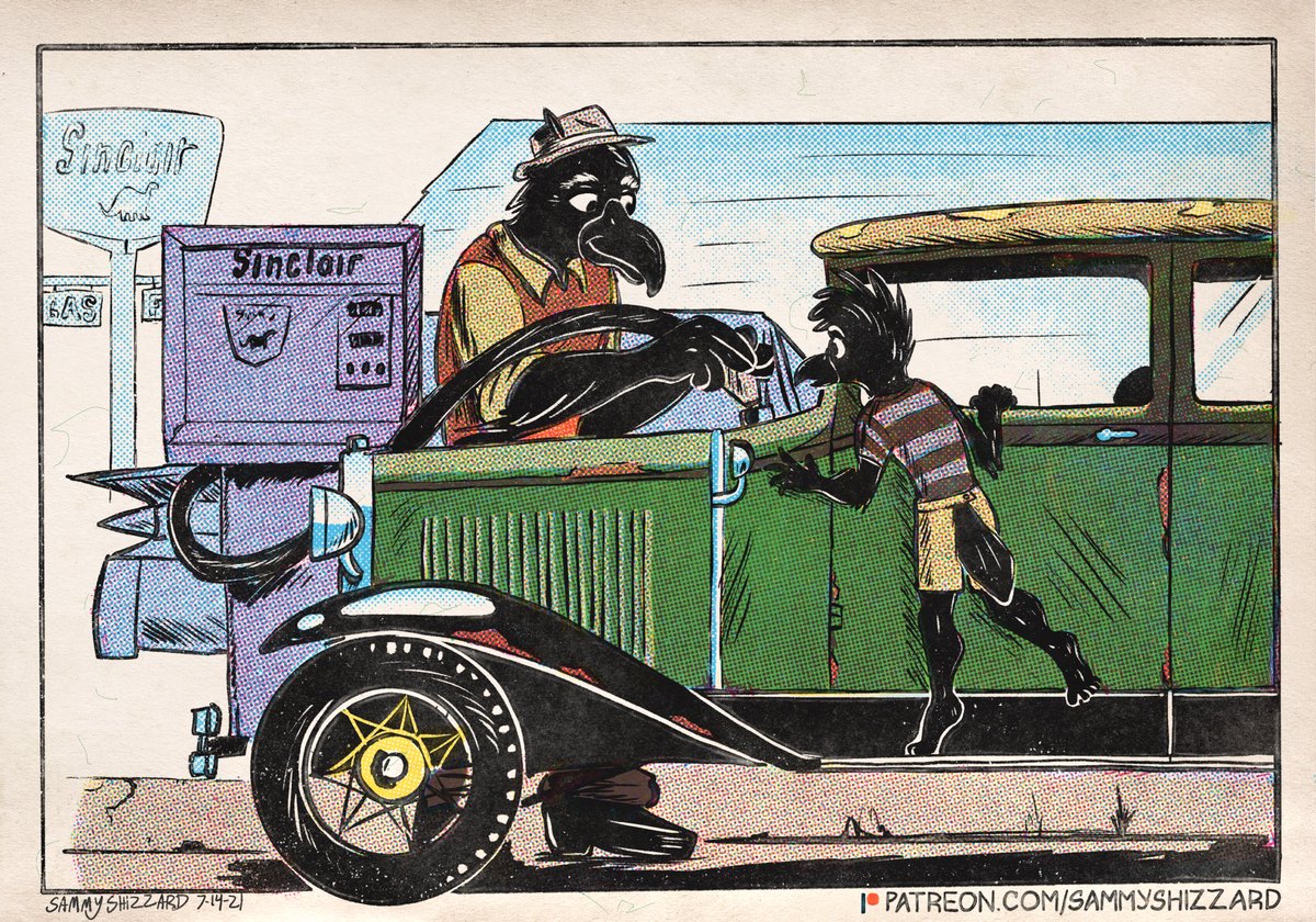 Sammy_Shizzard's tweet photo. Younger Traci spending a huge chunk of his childhood which his grandpa, who’s been driving the same car for basically forever 😂 Traci always thought the gas tank was in a funny spot! https://t.co/0wOljvkHAy #vintagecomic #halftone #colorlab #furry #modela #sinclairgas https://t.co/zfSt7qJf1J