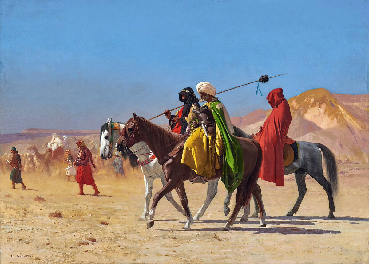 🎨 Resimlerinin çok fazla kopyası üretildiği için 1880'lerde dünyanın yaşayan en meşhur ressamı olarak kabul edilen Jean-Leon Gerome'un rengârenk paletinden iki resim... Halı Tüccarı (The Carpet Merchant) ve Çölü Geçen Biniciler (Riders Crossing the Desert).