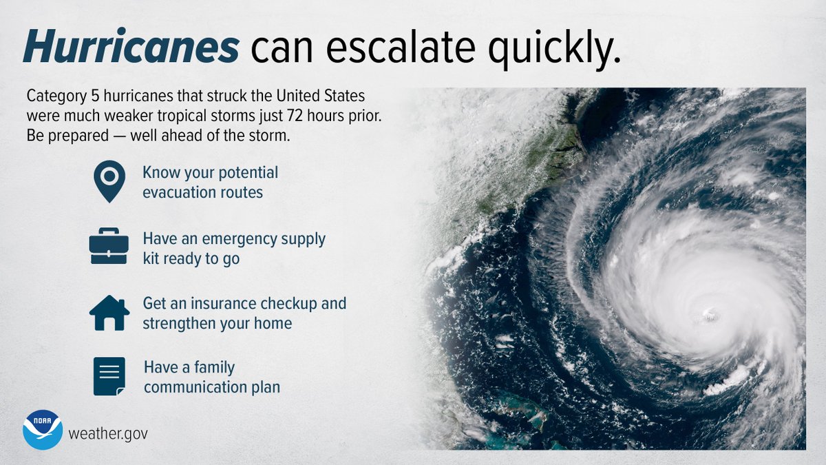 Did you know that the Category 5 hurricanes that have struck the United States were much weaker tropical storms just 72 hours prior? Storms can intensify surprisingly quickly — stay #WeatherReady by being prepared well ahead of time. weather.gov/wrn/hurricane-…