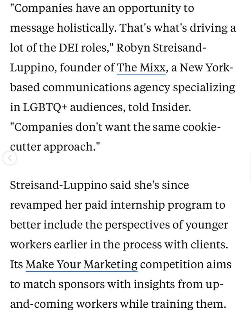 "Companies have an opportunity to message holistically. That's what's driving a lot of the DEI #DiversityEquityInclusion Roles" ~ <a href="/RobynStreisand/">Robyn Streisand</a> Luppino, founder @TheMixxNYC. "Companies don't want the same cookie-cutter approach."

<a href="/BusinessInsider/">Business Insider</a> @Macollvie J. Neel✍️
#Comms