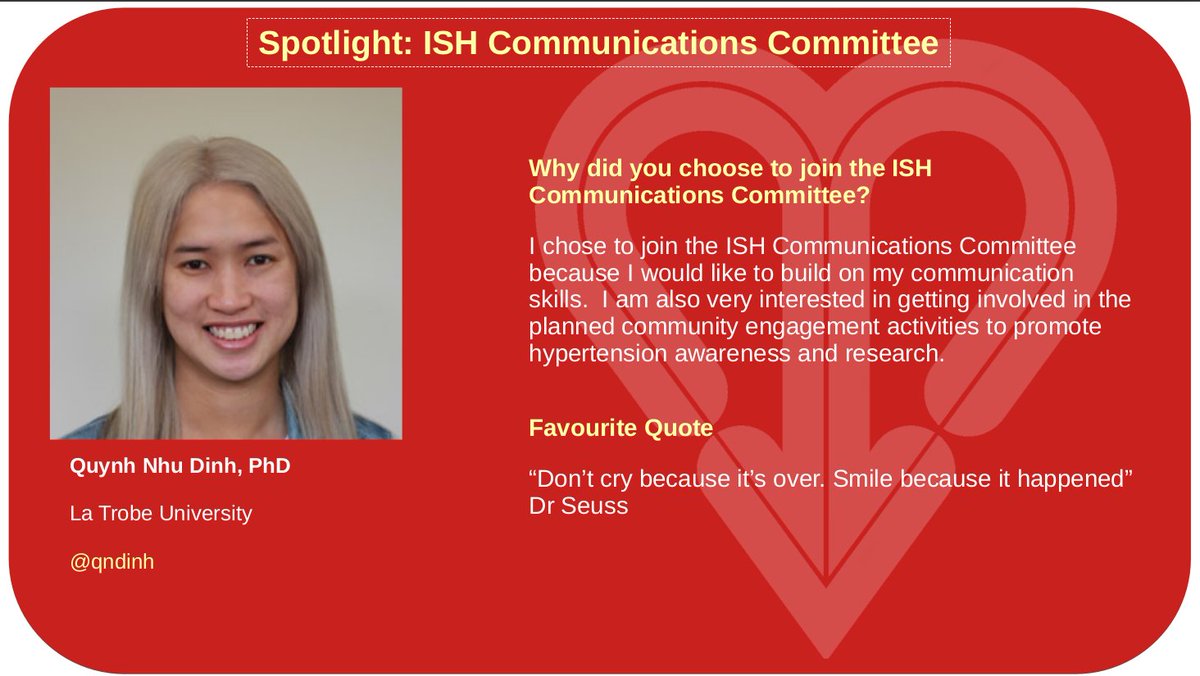 ISHBP's tweet photo. #ISHComs Spotlight:
 
Get to know your  @ISHBP communications committee!
 
@qndinh joined the committee last year to build #scicomm skills and promote #hypertension awareness and research. https://t.co/MNchQ8znlX