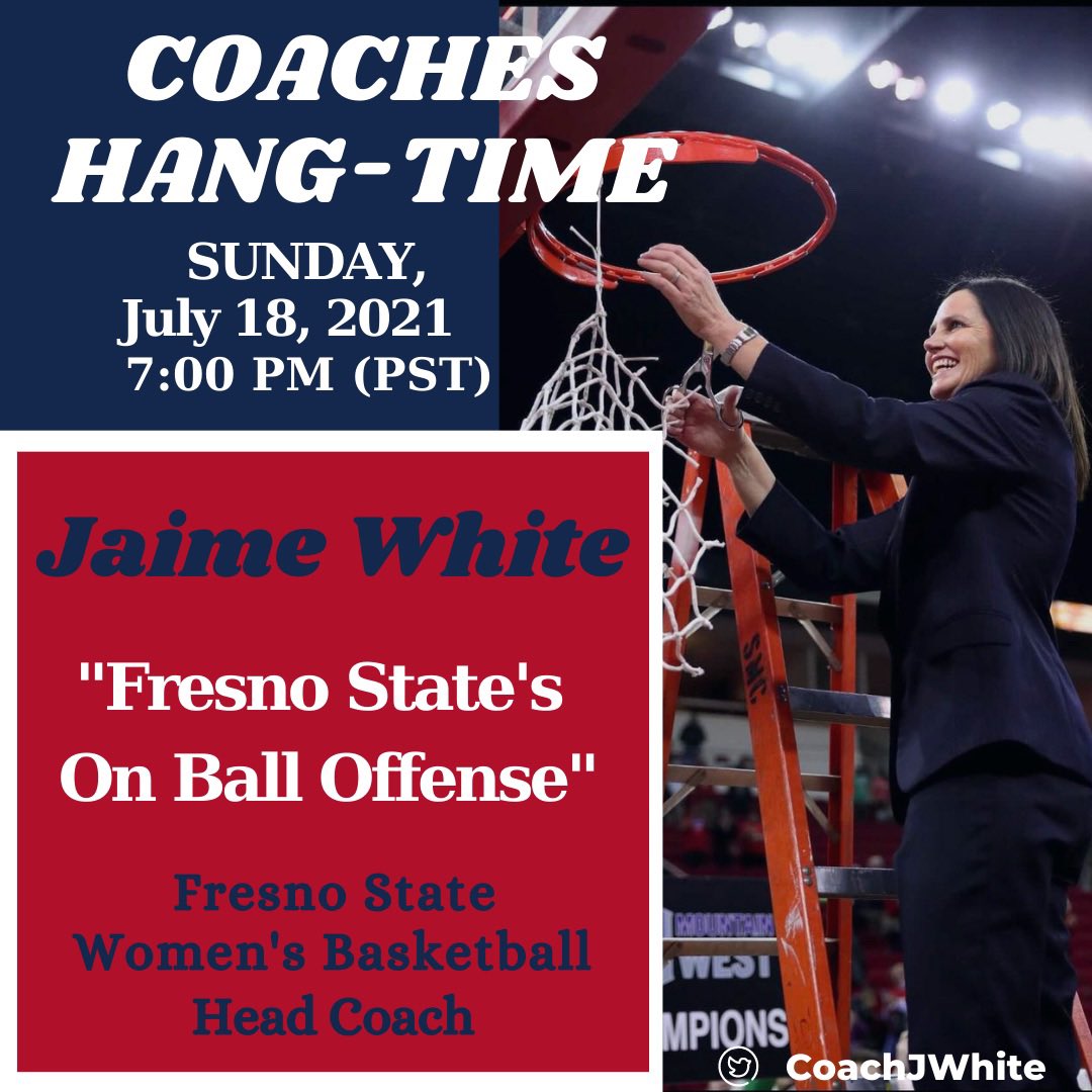 CoachesHangTime's tweet photo. 🚨JOIN US THIS SUNDAY FOR A FREE 🏀 ZOOM🚨

🗣 @FresnoStateWBB Head Coach @CoachJWhite on @coacheshangtime

🗓 Sun, July 18th

⏰ 7:00PM(PST)

💻 📲“Fresno State’s On Ball Offense”
🏀 High low options
🏀 Great if you have 2 solid post/ 
     forwards

✏️ https://t.co/yJWXmZFQcs https://t.co/K2f0PMUZcF