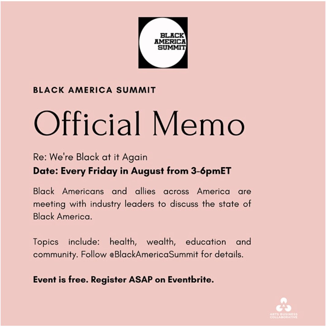 The BIG conversation starter, Black America Summit: Black at it Again! Tune in every Friday in August.
Register here on Eventbrite: bit.ly/3hMp5xH