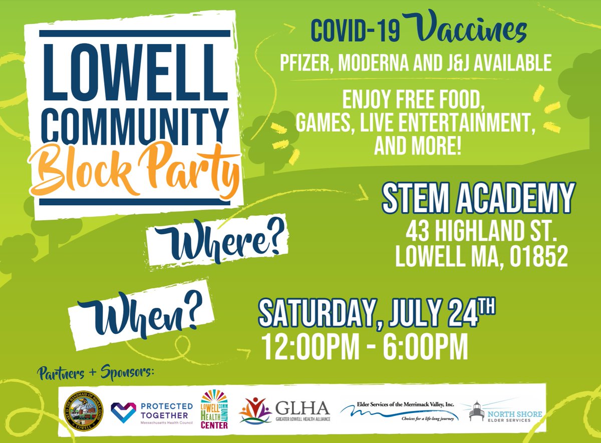 Did you know the #Lowell Community Block Party is on Saturday, 7/24 from 12P - 6PM?!

Enjoy free food, games, entertainment, prizes, &amp; much more!

Pfizer, Moderna, and J&amp;J #vaccines available!
